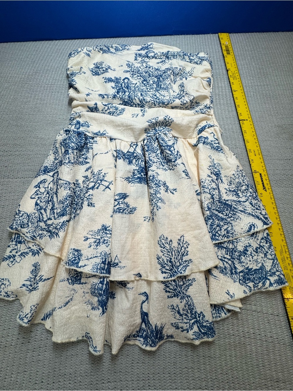 Cider Blue Toile de Jouy Strapless Tiered Ruffle Mini Dress M Cottagecore